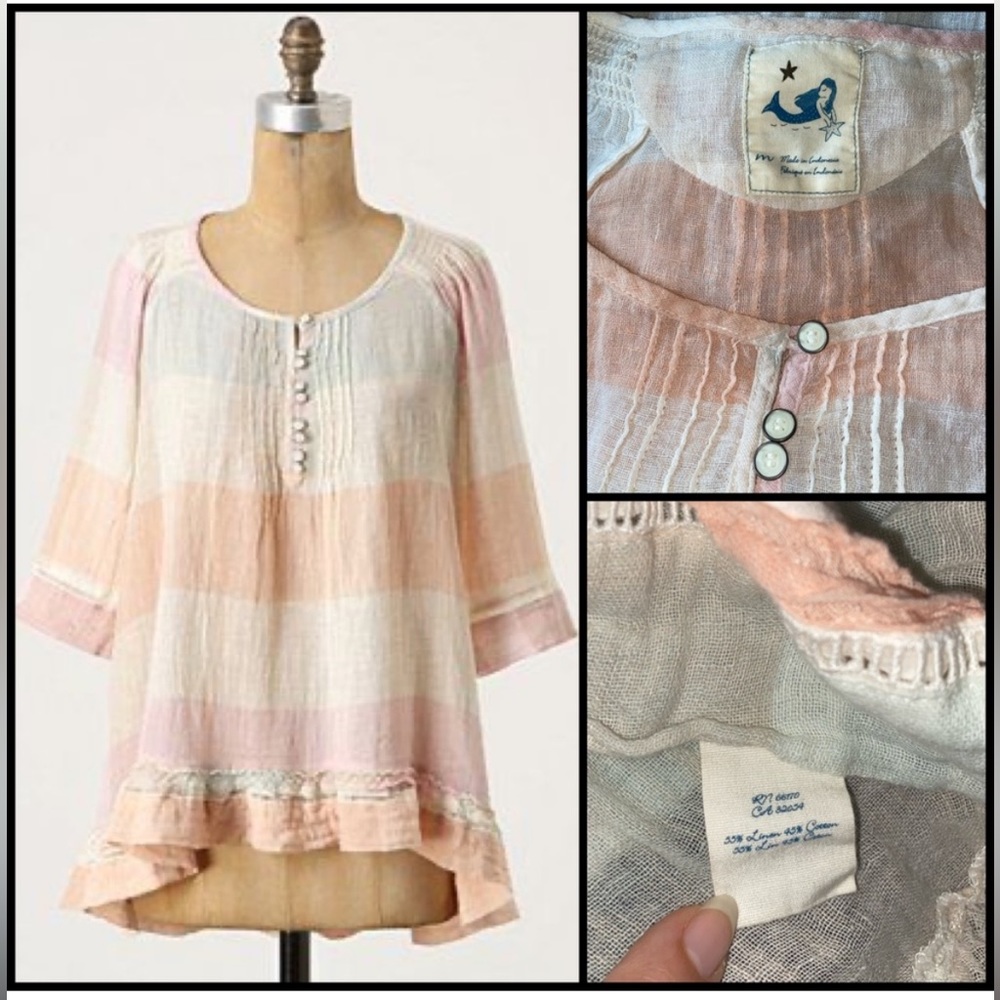 Anthro Mermaid Sherbet Plaid Stripe Gauzy Blouse